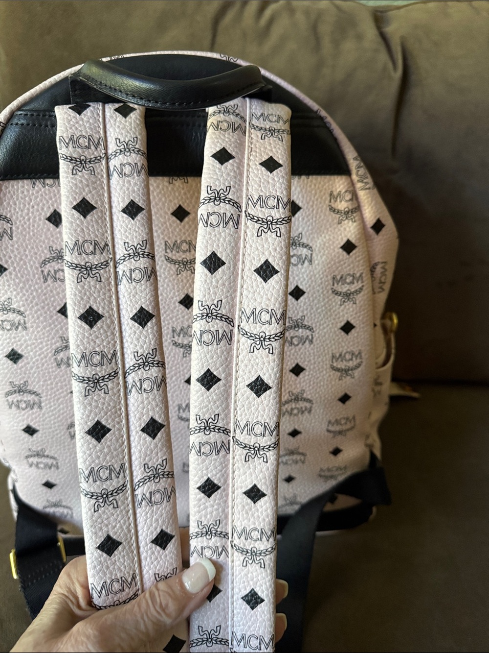 MCM LightPink Logo Black Trim Studded Leather Backpack Includes Detachable Pouch - Picture 12 of 17